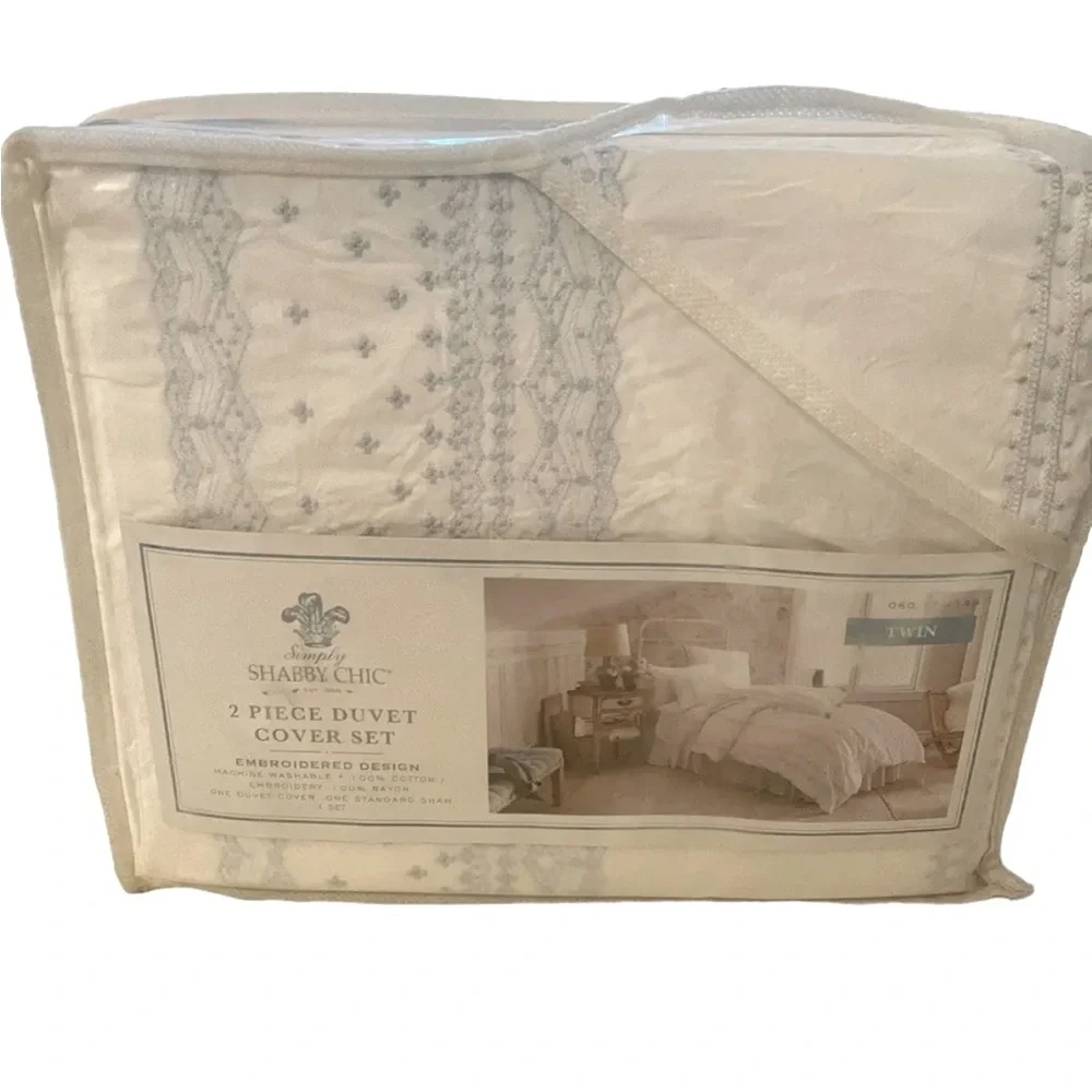 Simply Shabby Chic Duvet Cover With Sham Size Twin White Blue Embroidered Cotton